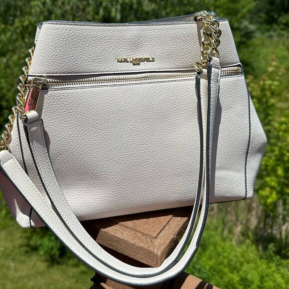 Karl Lagerfeld Handbags - Karl Lagerfeld Cream & Gold Shoulder Bag Agyness Design Triple Compartment EUC